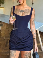 Robe mini-corset sexy moulante à ruché et cordon de serrage avec arêtes de poisson pour femme, tenue de soirée en boîte de nuit