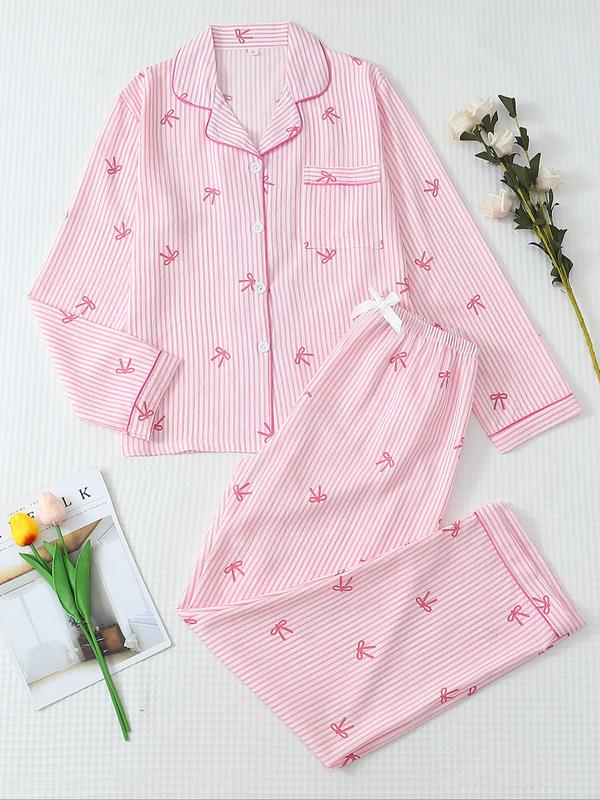 Pigiama da donna a maniche lunghe a righe con stampa a fiocco, grazioso set con parte superiore abbottonata e pantaloni, abbigliamento casual per la casa per tutte le stagioni