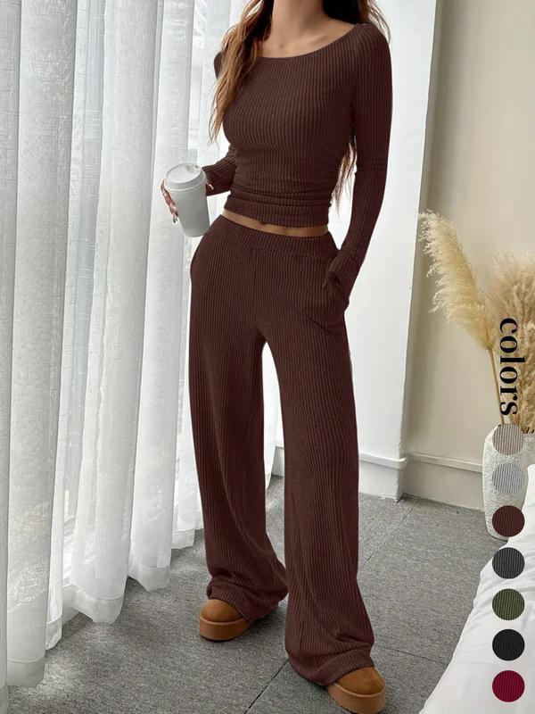 Completo casual da donna a righe con top a maniche lunghe e pantaloni ampi con tasche, abbigliamento femminile in stile europeo, comodo per l'uso quotidiano