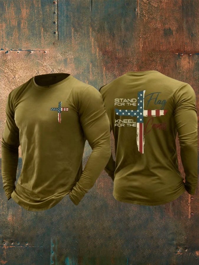 T-shirt casual stampata da uomo "Stand For The Flag Kneel For The Cross"