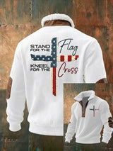 Men's Faith Cross Stand For Flag Kneel For The Cross Print Zipper Fur Collar Long-Sleeve Sweatshirt