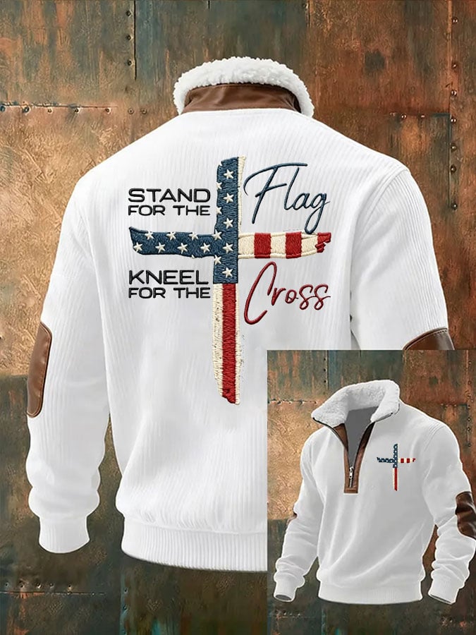Felpa da Uomo con Cerniera e Colletto in Pelliccia a Maniche Lunghe con Stampa "Faith Cross Stand For Flag Kneel For The Cross"