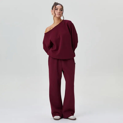 Ensemble deux pièces décontracté pour femme, couleur unie, haut à manches longues et épaule tombante, et pantalon large, confortable, décolleté rond, ample, basique.