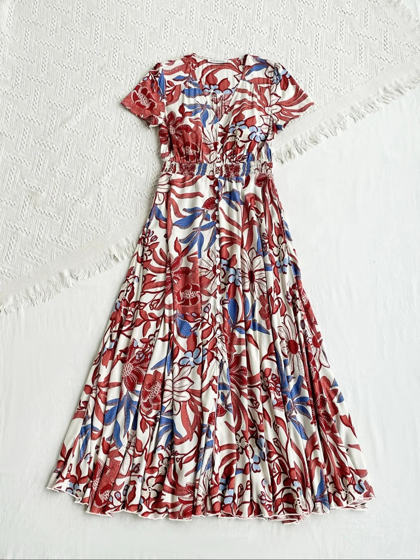 Vestito casual bohémien da donna con stampa floreale e bottoni, vestito da spiaggia estivo da donna con scollo a V, maniche corte, vestito chic e casual.