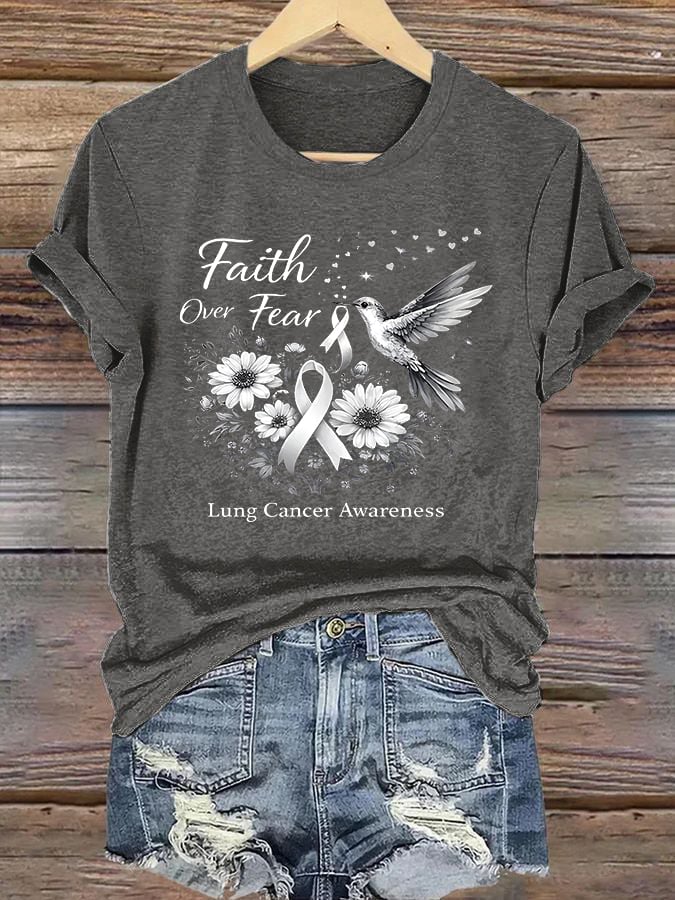 Women'S Casual "Faith Over Fear" Lung Cancer Awareness Printed Short-Sleeve T-Shirt