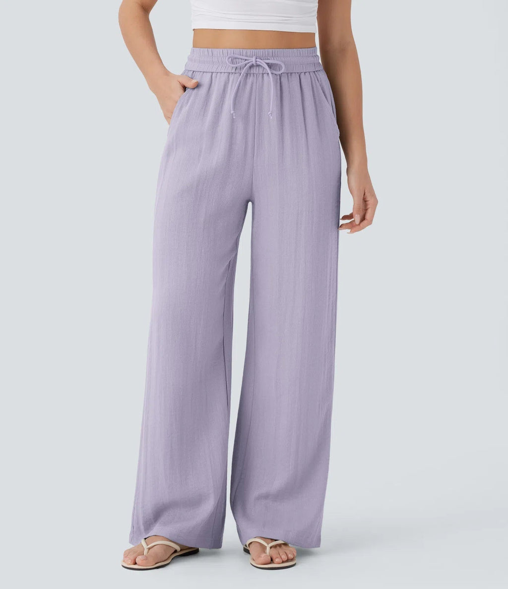 Pantalon ample taille haute en lin avec cordon de serrage et grandes poches