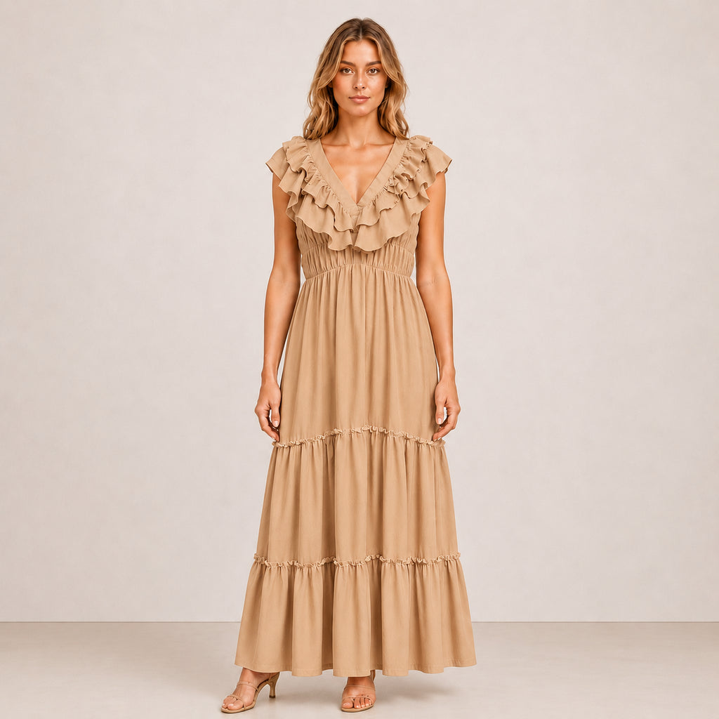 [2026.NOHO] Carmen, Vestito Lungo Con Balze E Volant Sullo Scollo A V