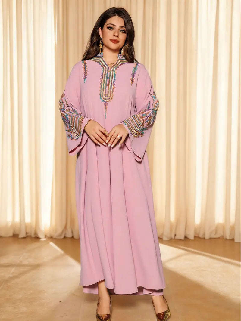 Elegante Abito Lungo Musulmano da Donna con Ricami Colorati, Perfetto per Tutte le Stagioni, Abbigliamento Elegante e Confortevole