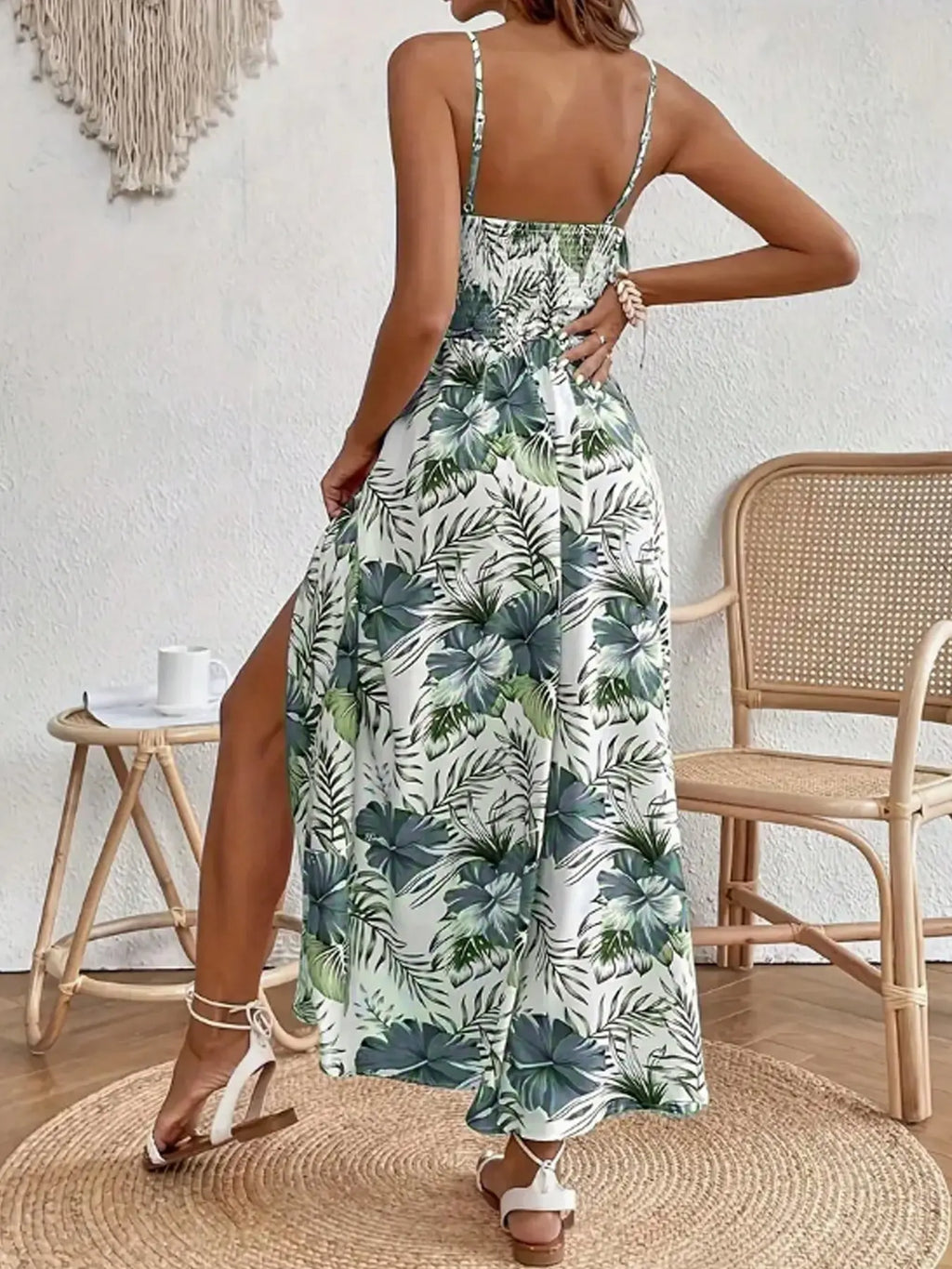 Abito lungo estivo da donna con scollo a V, senza maniche, stampa tropicale bohémien e spacco laterale alto
