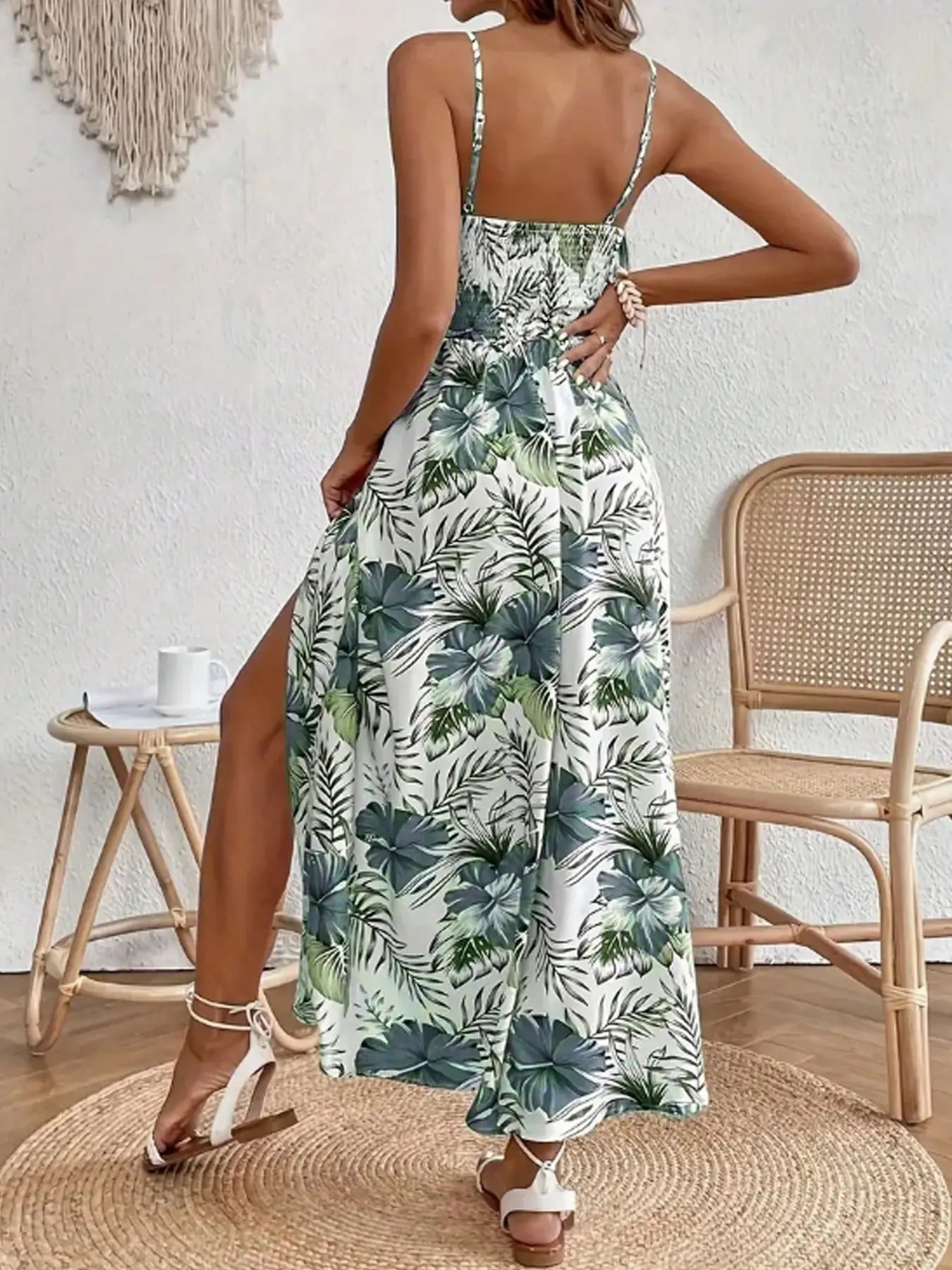 Robe longue de plage pour femmes, col en V, sans manches, imprimé tropical, bohème, avec fente latérale haute