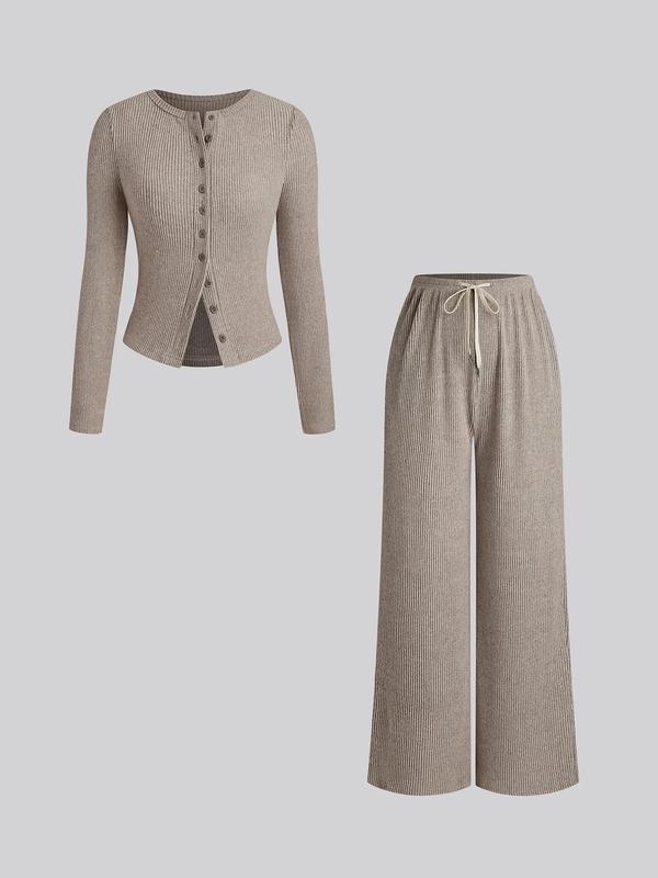 Ensemble deux pièces décontracté femme, haut à manches longues et col rond coupe slim et pantalon, motif uni, tissu modéré, automne-hiver