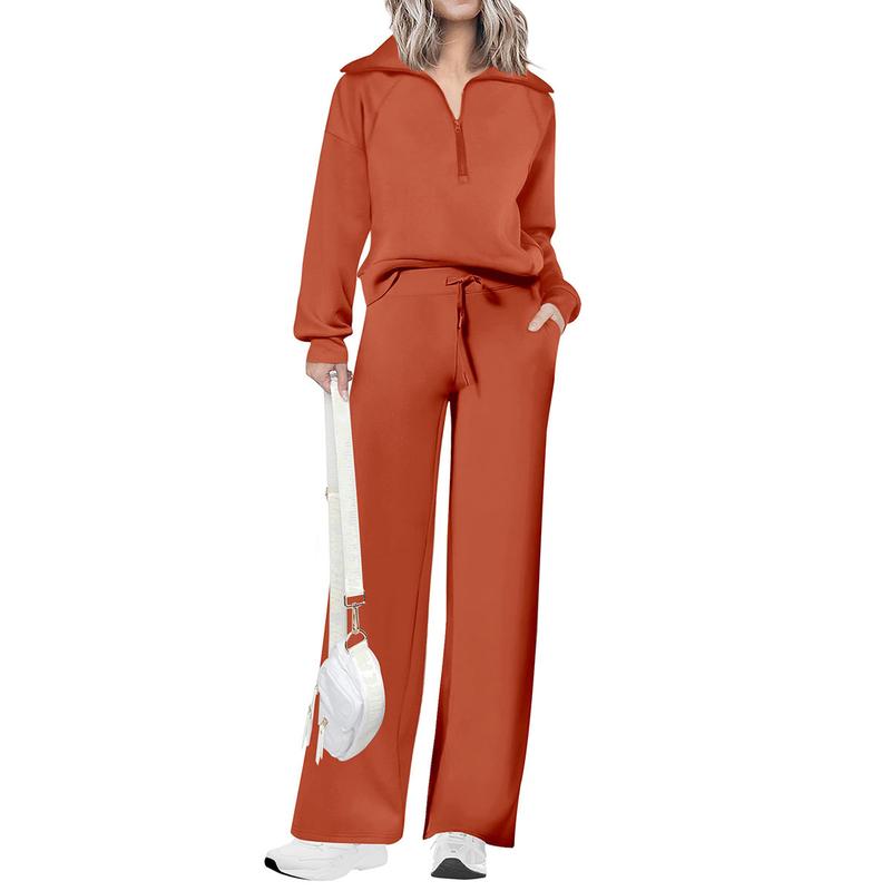 Ensemble de survêtement décontracté 2 pièces pour femme - Sweat-shirt à demi-zip et pantalon large avec cordon de serrage - Haut et pantalon de survêtement assortis pour le confort