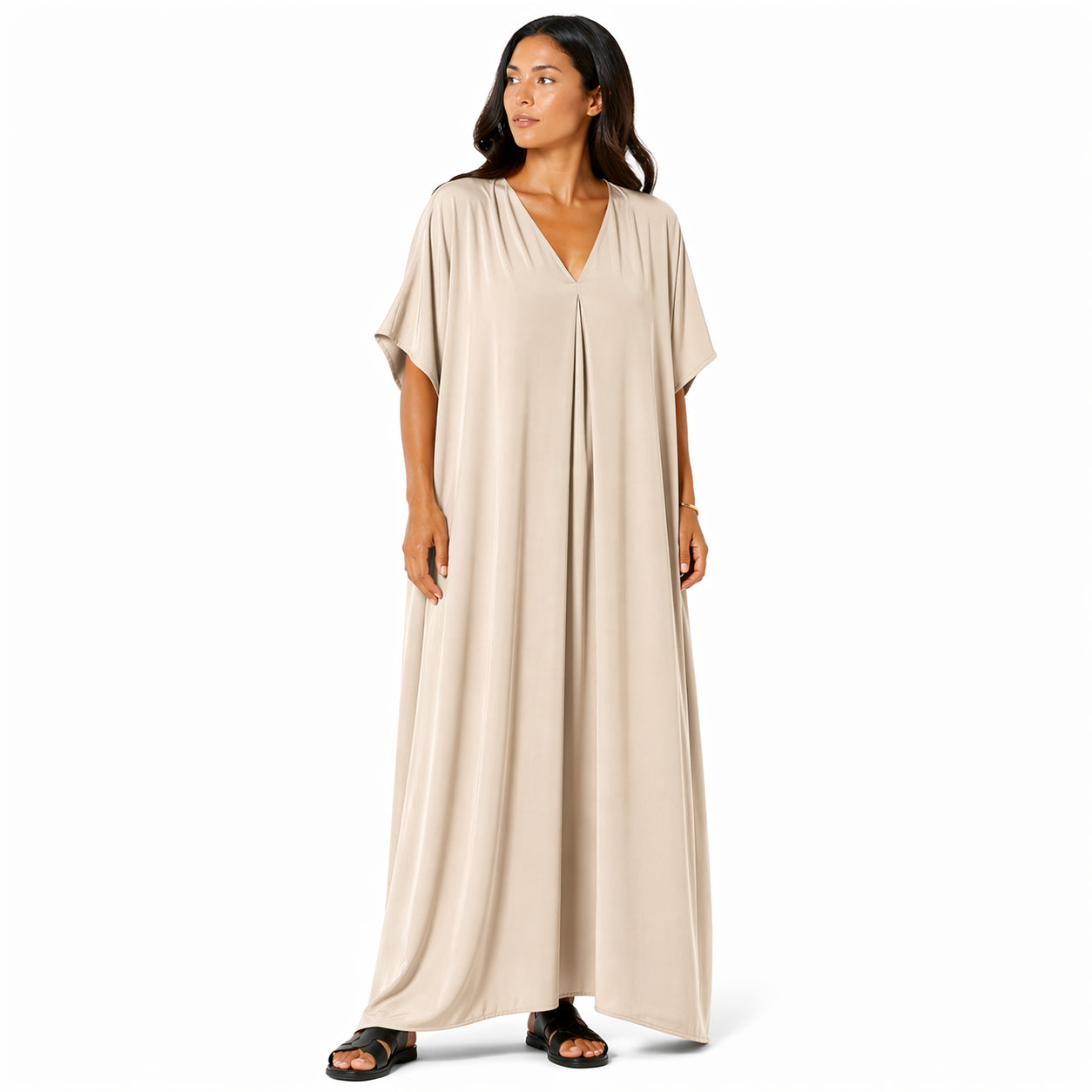 Robe longue, ample et fluide à col en V pour femme – chic et confortable pour l'été.