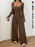 Combinaison Femme Automne Hiver en Tricot à Jambes Larges, Combinaison Décontractée Unie à Col Rond, Combinaison Polyvalente à Manches Longues