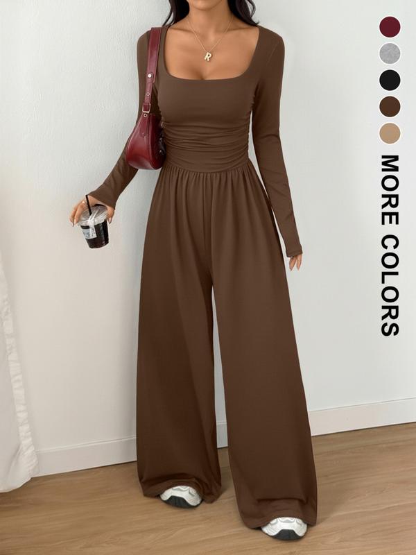 Combinaison Femme Automne Hiver en Tricot à Jambes Larges, Combinaison Décontractée Unie à Col Rond, Combinaison Polyvalente à Manches Longues