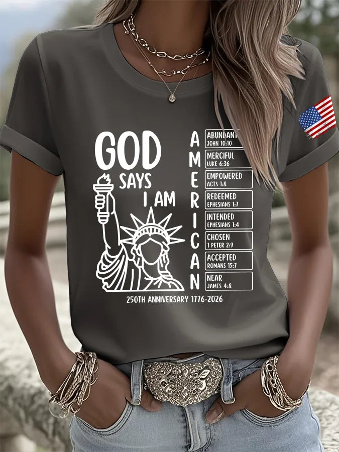 T-Shirt Stampa Retro God Says I Am American 250th Anniversary