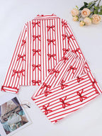 Ensemble deux pièces pyjama femme, chemise imprimée à nœud avec boutons et poches, et pantalon à taille élastique, décontracté et confortable, haut à manches longues et col à revers, et pantalon de pyjama