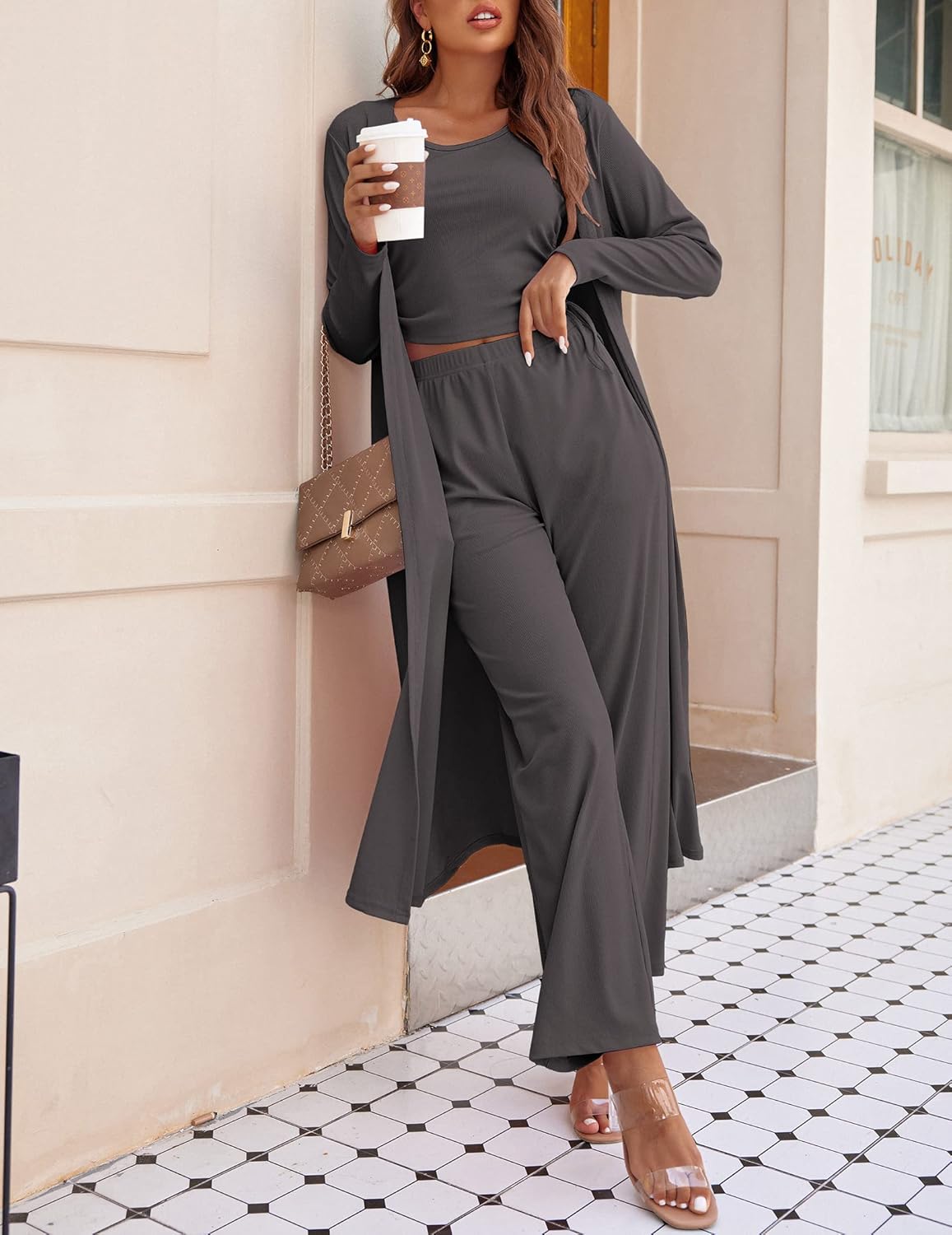 Ensemble de pyjama 3 pièces pour femme - Cardigan à manches longues, débardeur et pantalon de survêtement