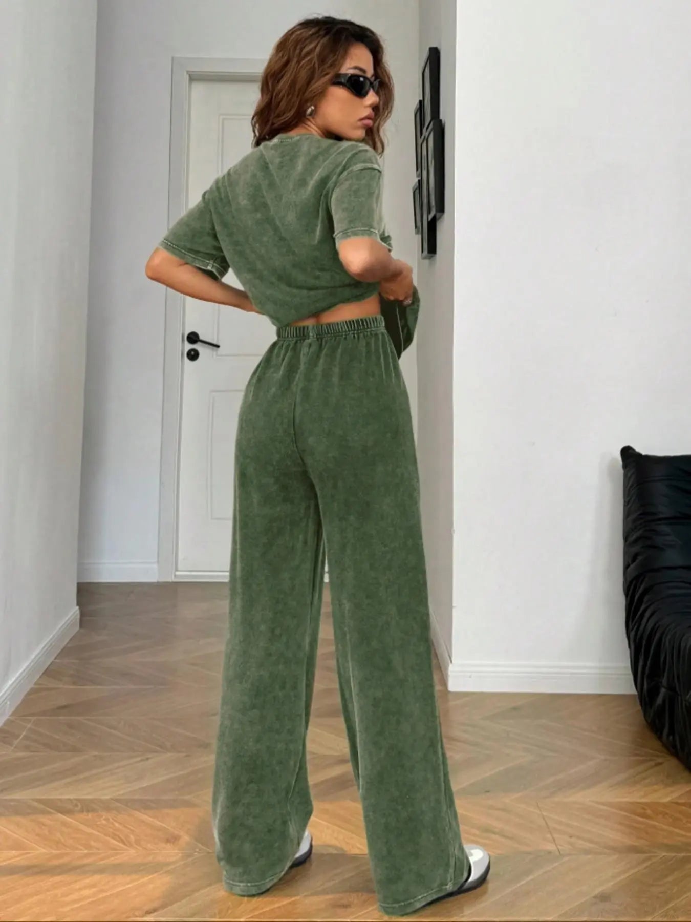 Ensemble deux pièces décontracté pour femme, t-shirt ample à manches courtes en coton délavé et pantalon long, toutes saisons, style uni
