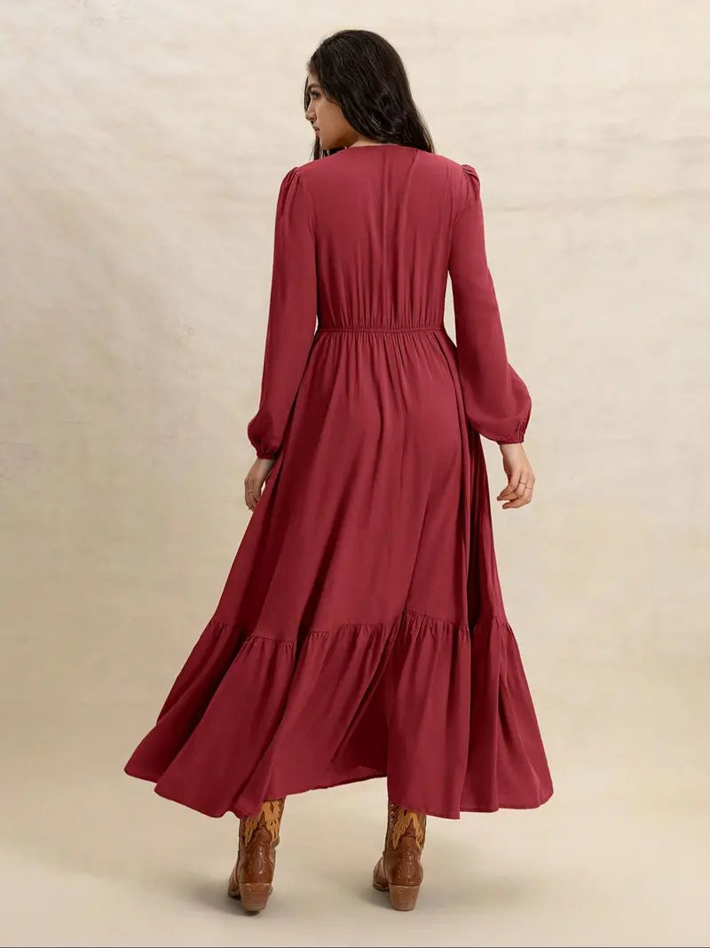 Robe unie à col en V et manches longues pour femme, robe tissée décontractée ajustée pour toutes les saisons, vêtements féminins à la mode pour le quotidien