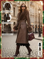 Veste longue femme automne hiver coupe-vent imperméable, col confortable en fausse fourrure, cuir PU épais, coupe ajustée avec ceinture