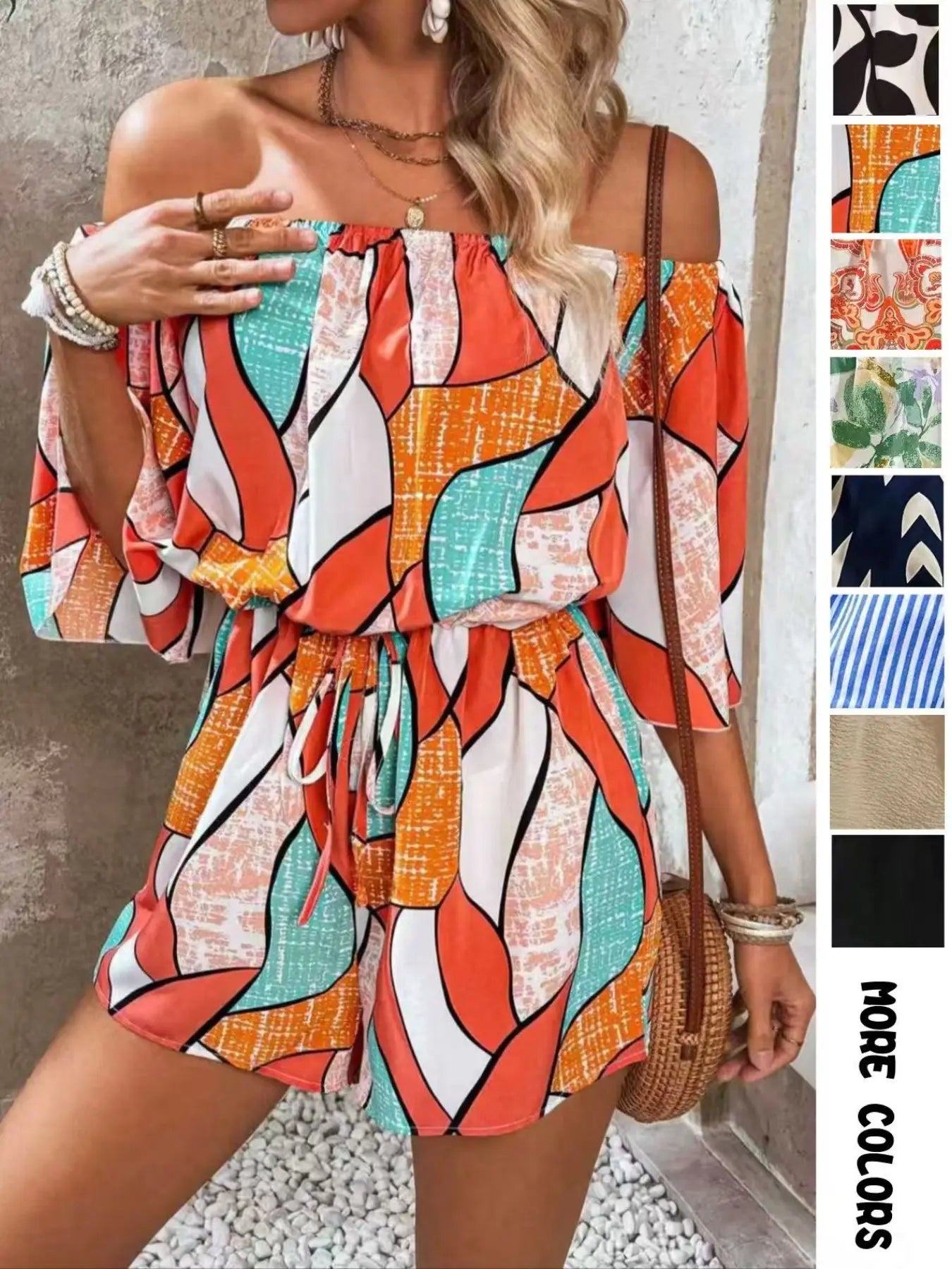 Combishort Femme à Imprimé Feuillage Épaules Dénudées et Nœud sur le Devant, Combinaison Décontractée à Manches Volantes pour l'Été, Vêtements de Mode pour Femme pour Vacances à la Plage