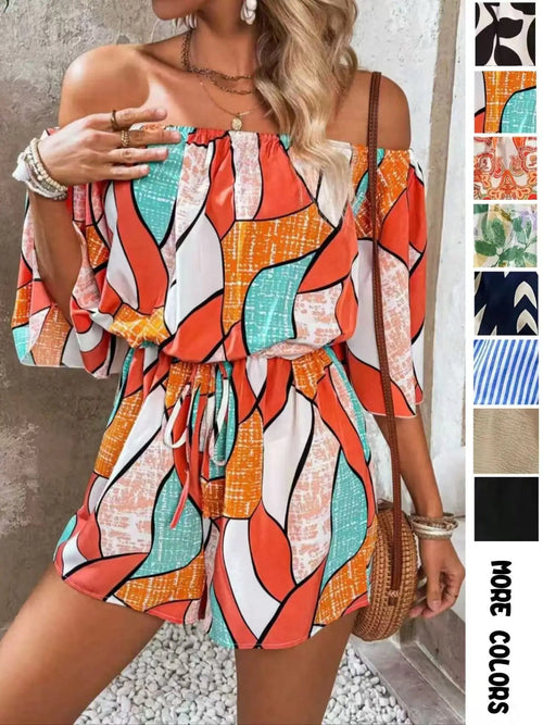 Combishort Femme à Imprimé Feuillage Épaules Dénudées et Nœud sur le Devant, Combinaison Décontractée à Manches Volantes pour l'Été, Vêtements de Mode pour Femme pour Vacances à la Plage