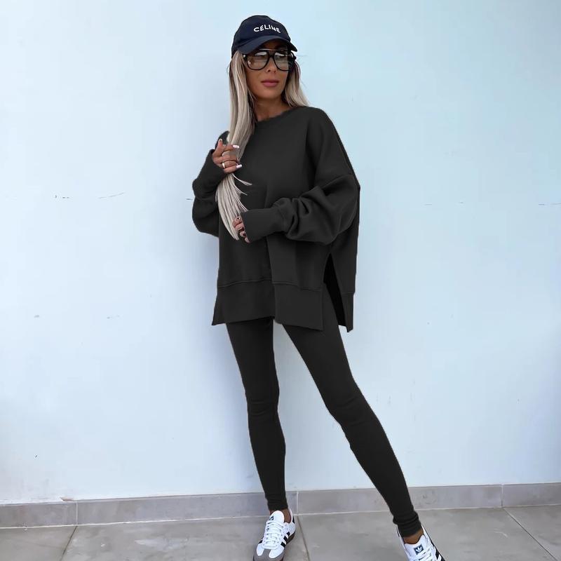 Ensemble deux pièces oversize pour femme - Sweat-shirt à ourlet fendu et pantalon skinny, pull décontracté à col rond et manches longues, vêtements pour femme pour l'automne et costumes d'hiver basiques, Gamis pour femme