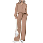 Ensemble de survêtement décontracté 2 pièces pour femme - Sweat-shirt à demi-zip et pantalon large avec cordon de serrage - Haut et pantalon de survêtement assortis pour le confort