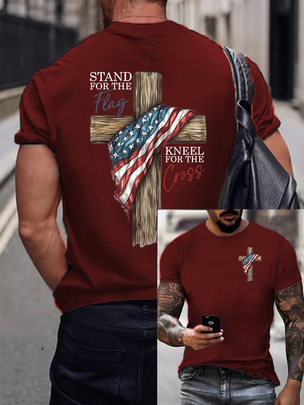 T-shirt casual da uomo con stampa "Stand For The Flag Kneel For The Cross"