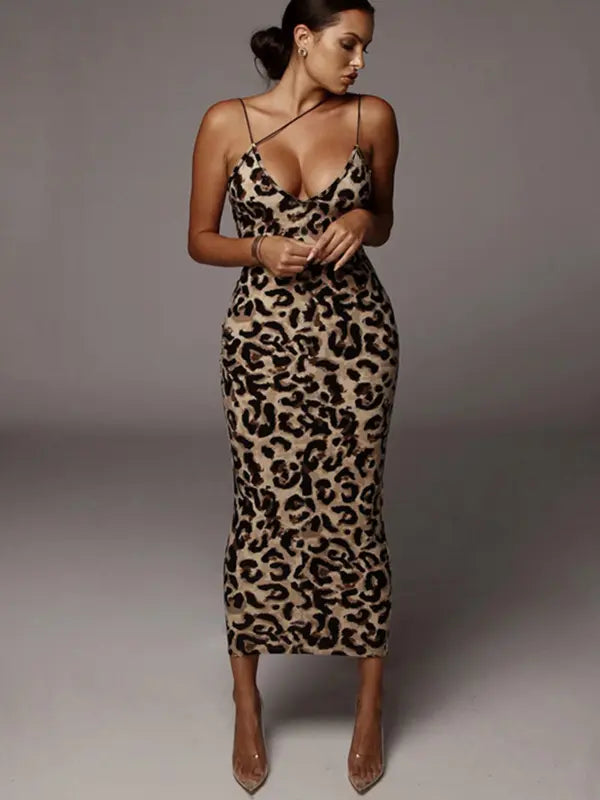 Vestito da donna asimmetrico leopardato, elegante vestito attillato senza maniche con spalline sottili per feste, discoteche, serate, prendisole alla moda, abbigliamento estivo da donna, vestito midi