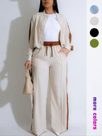 Ensemble deux pièces pour femme avec haut patchwork et pantalon large, ensemble décontracté à manches longues et pantalon pour usage quotidien, vêtements d'été pour femmes