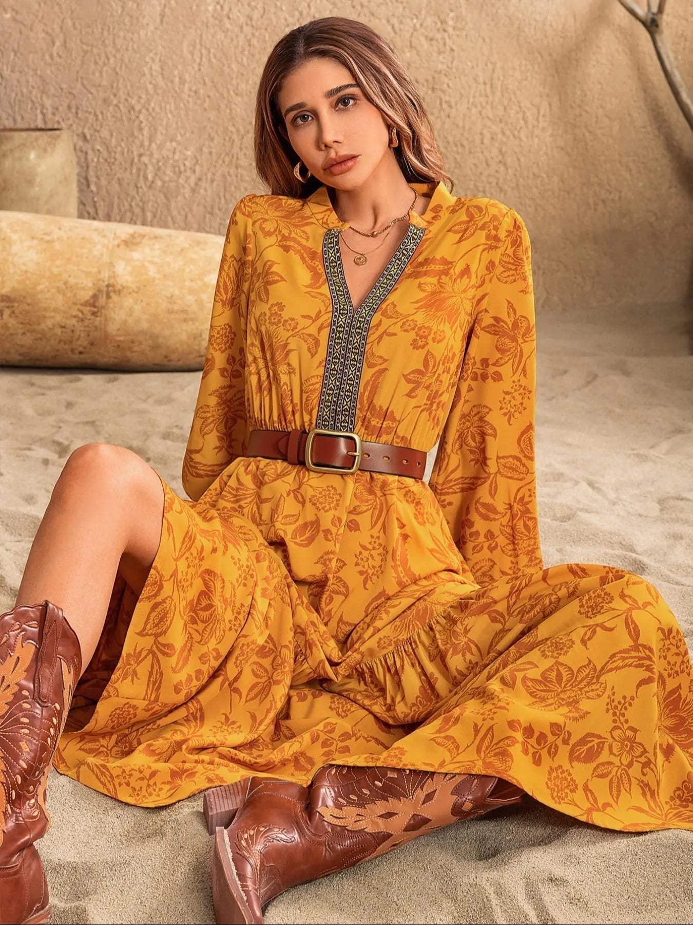 Robe longue vintage trapèze à manches longues d'évêque, col cranté, imprimé floral et bordure brodée, style western pour femme, robes pour femmes