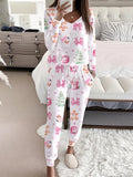 Completo casual da donna con stampa natalizia, top a maniche lunghe con scollo a V e pantaloni con cintura, pigiameria e abbigliamento da casa da donna, moda primavera e autunno