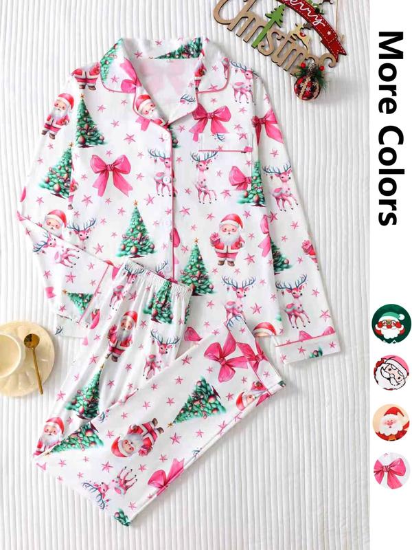 Ensemble deux pièces de pyjama pour femme, imprimé de Noël, avec chemise boutonnée à poche et pantalon à taille élastique, pyjama décontracté et confortable avec haut à manches longues et col, ensemble de pyjama pour femme, pour le printemps et l'automne