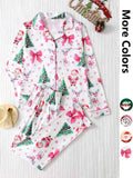 Ensemble deux pièces de pyjama pour femme, imprimé de Noël, avec chemise boutonnée à poche et pantalon à taille élastique, pyjama décontracté et confortable avec haut à manches longues et col, ensemble de pyjama pour femme, pour le printemps et l'automne