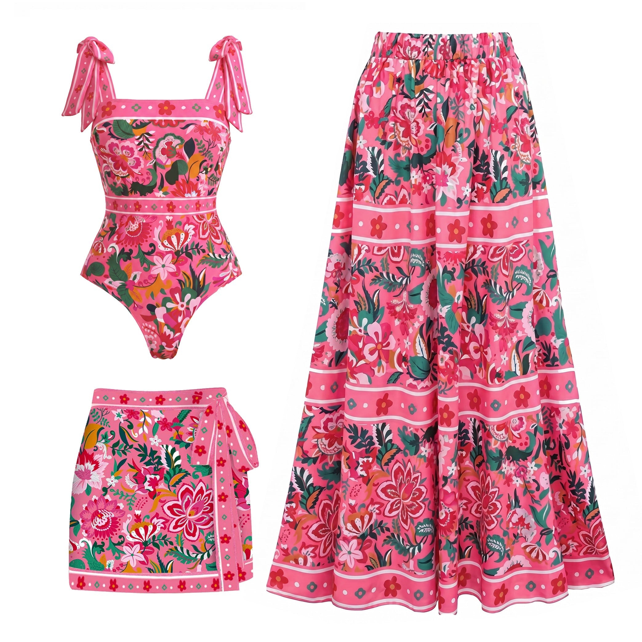 Costume intero e gonna con stampa floreale rosa Paradise