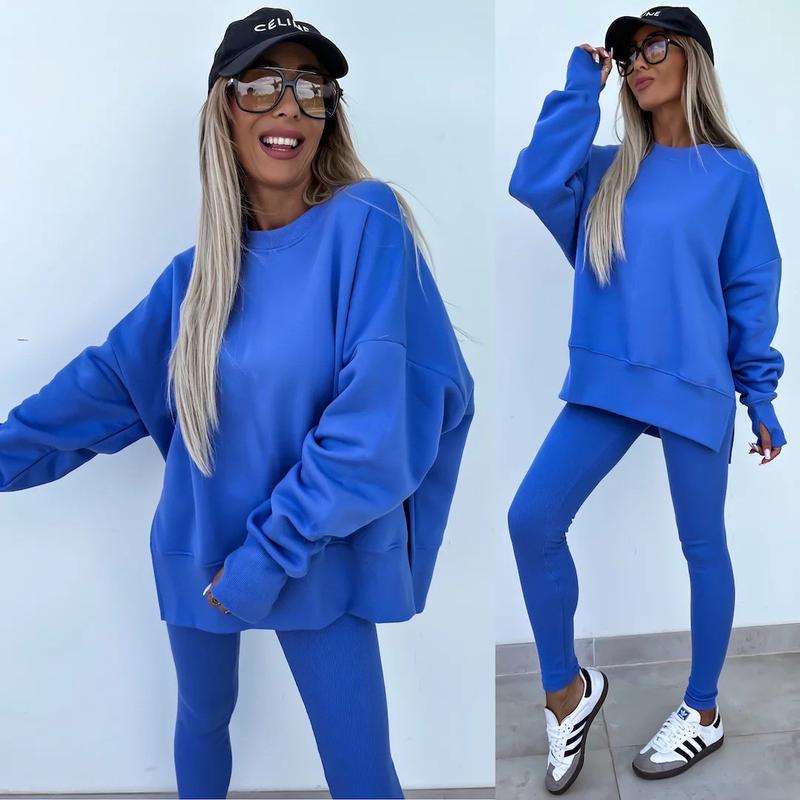 Ensemble deux pièces oversize pour femme - Sweat-shirt à ourlet fendu et pantalon skinny, pull décontracté à col rond et manches longues, vêtements pour femme pour l'automne et costumes d'hiver basiques, Gamis pour femme