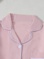 Ensemble de pyjama pour femme à revers de couleur unie, manches longues, broderie cœur, style décontracté, vêtement de nuit confortable, tenue d'intérieur