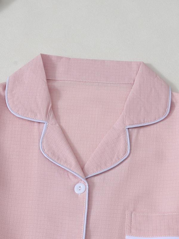 Ensemble de pyjama pour femme à revers de couleur unie, manches longues, broderie cœur, style décontracté, vêtement de nuit confortable, tenue d'intérieur