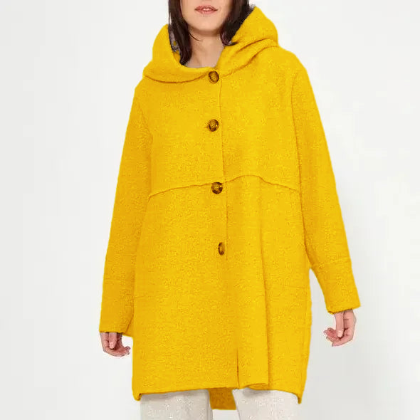 Cappotto con cappuccio e bottoni da donna per l'autunno/inverno, elegante e versatile, adatto a varie occasioni.