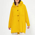 Cappotto con cappuccio e bottoni da donna per l'autunno/inverno, elegante e versatile, adatto a varie occasioni.