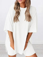 Ensemble T-shirt uni et short moulant pour femme, vêtement de nuit décontracté d'été à col rond, confortable, avec poches, pour l'extérieur