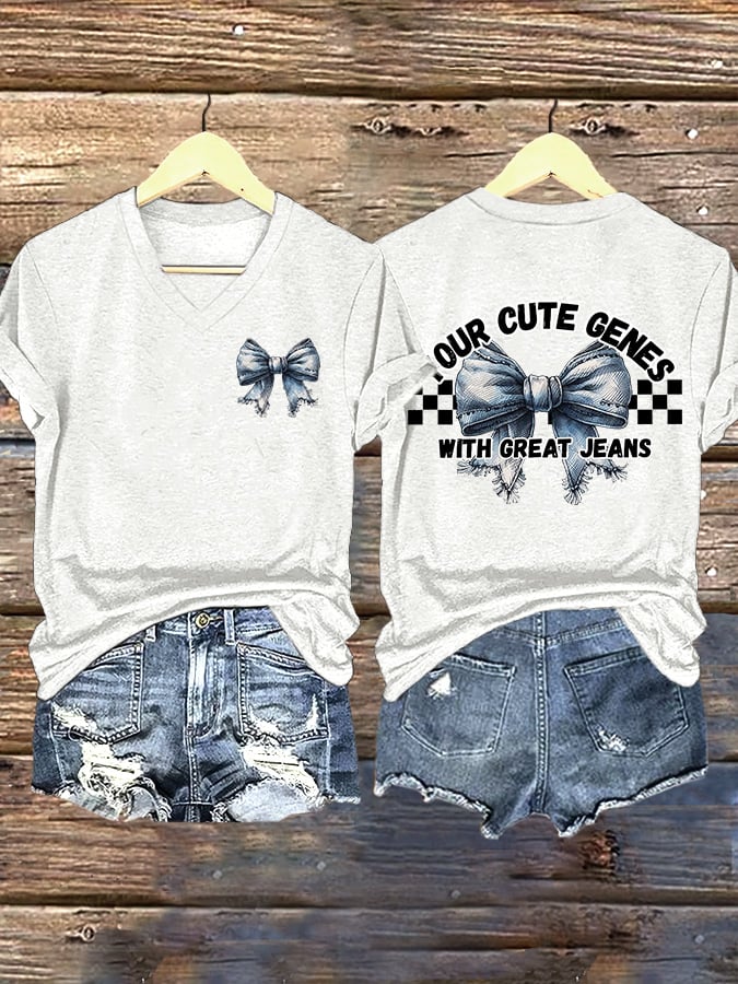 🔥Compra 3 e ottieni il 15% di sconto🔥T-shirt stampata vintage girocollo con la scritta "Your Cute Genes With Great Jeans"