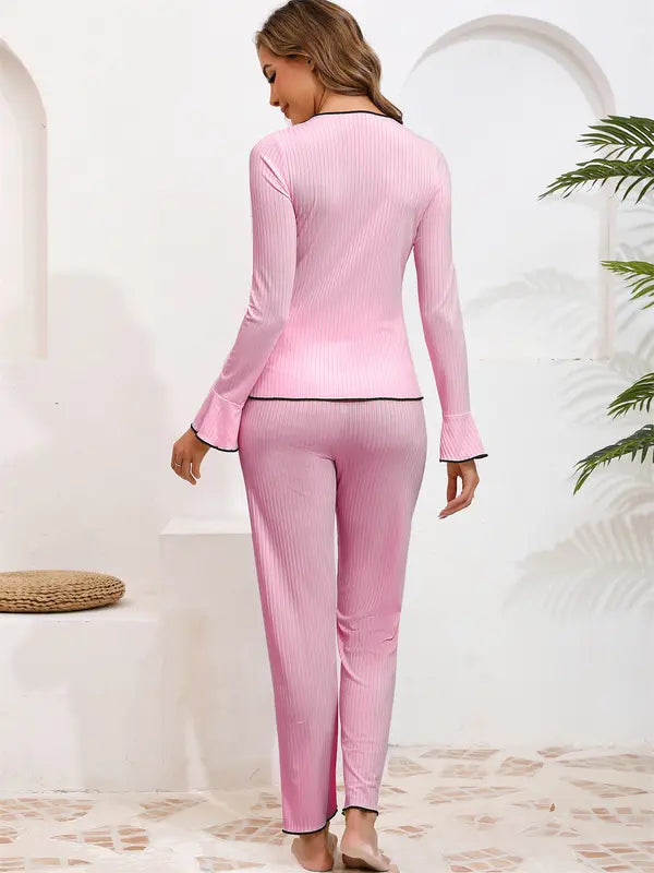 Ensemble deux pièces de vêtements de détente pour femmes, haut et pantalon unis avec bordure festonnée, ensemble pyjama décontracté et confortable à manches longues, col en V et pantalon, vêtements de nuit pour femmes pour toutes les saisons