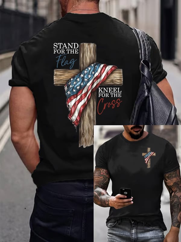 T-shirt casual da uomo con stampa "Stand For The Flag Kneel For The Cross"