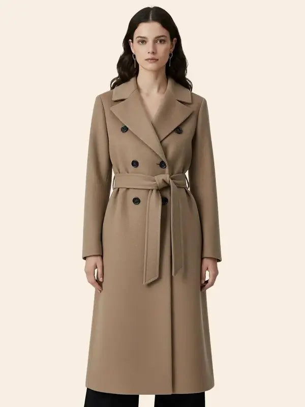Long manteau croisé avec ceinture et revers, adapté à un usage quotidien et polyvalent.