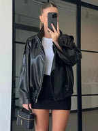 Giacca in Ecopelle Nera Collo Coreana Oversize Stile Moto Biker Orlo Elasticizzato Streetwear Casual Maniche Lunghe Impermeabile Antivento Capispalla per Primavera & Autunno, Abbigliamento Donna per Tutti i Giorni