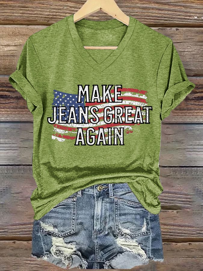 🔥Compra 3 e ricevi il 15% di sconto🔥T-shirt con scollo a V e stampa retrò "Make Jeans Great Again"