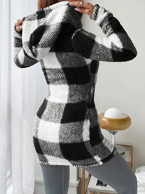 Sweat à capuche zippé en plaid et bordure duveteuse pour femme, décontracté automne/hiver